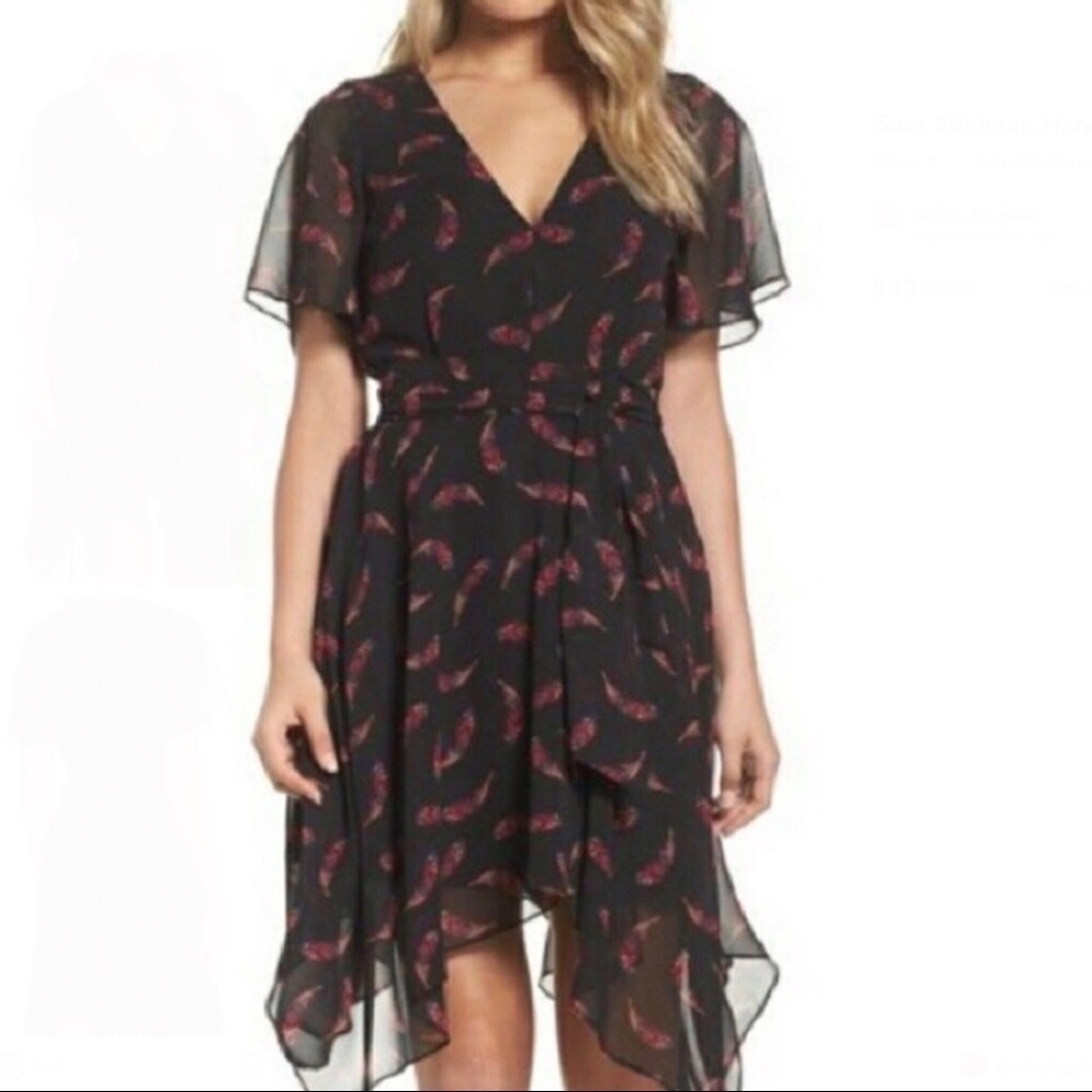 Sam Edelman Handkerchief Dress Boho Feather Print Size 4 Black